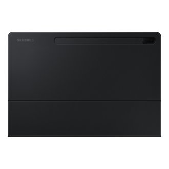 A back view of the Samsung Tab S7 FE keyboard in black with an S Pen compartment and infused with an antimicrobial coating