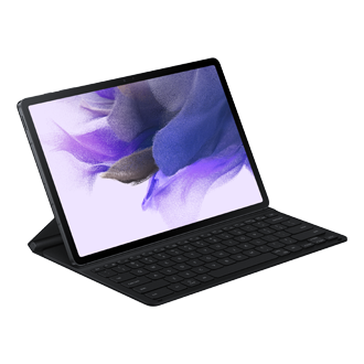 A standing Galaxy Tab S7 FE keyboard cover in black at a 60° angle for a view that doesn't strain your neck. Buy Samsung S7 FE keyboard