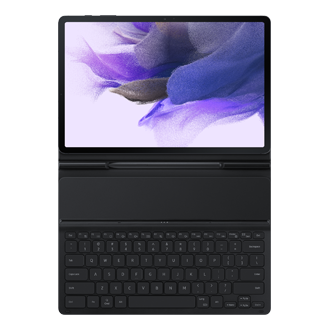 A dynamic Samsung Galaxy Tab S7 FE keyboard in black opens to show a compartment for an S Pen and a colourful graphic display