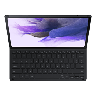 A dynamic black Samsung Galaxy Tab S7 FE keyboard shows a top-view keyboard that you can accurately type while using Samsung DeX