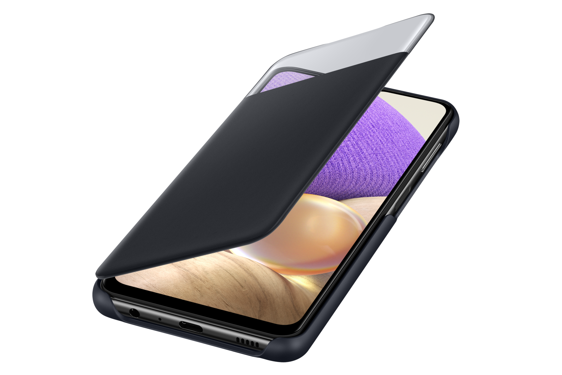 A dynamic black Samsung Galaxy A32 5G flip cover features a hidden pocket inside to conveniently carry cards on daily basis