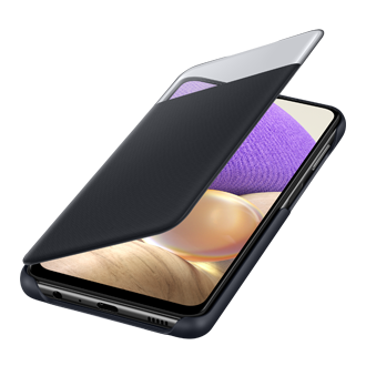 A dynamic black Samsung Galaxy A32 5G flip cover features a hidden pocket inside to conveniently carry cards on daily basis