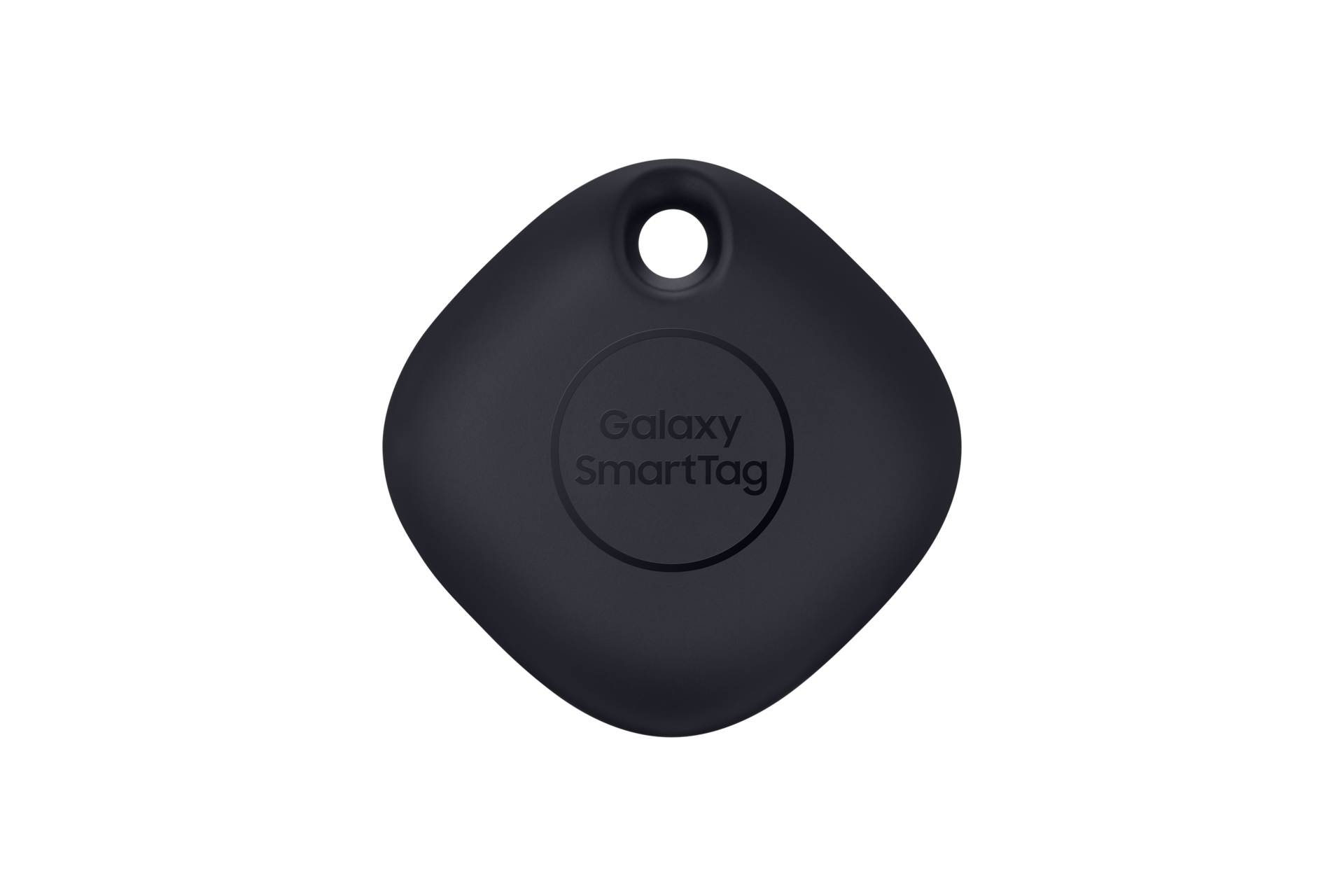 The front of a black Samsung Smart Tag helps control various IoT devices with just a click of a button. Learn more about Samsung Tag in Singapore