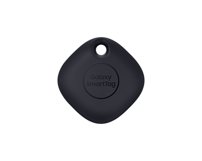 The front of a black Samsung Smart Tag helps control various IoT devices with just a click of a button. Learn more about Samsung Tag in Singapore