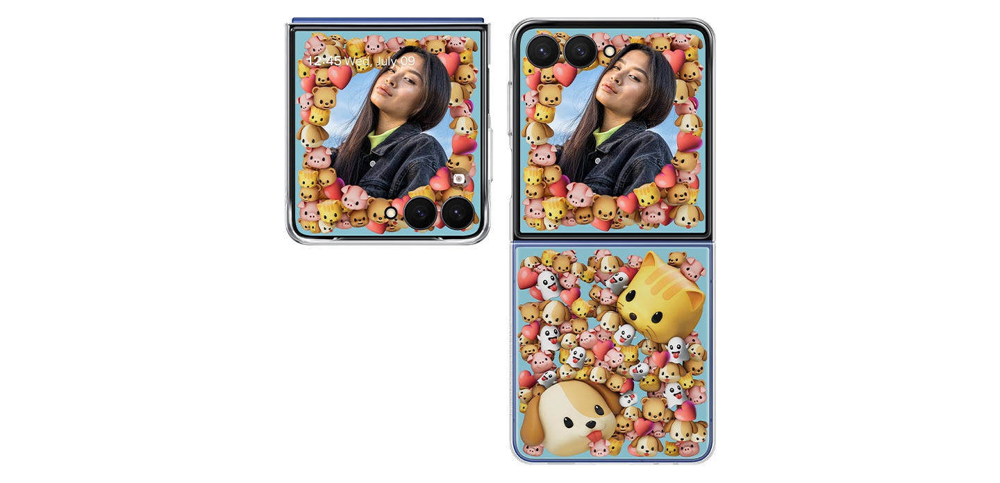 Two Galaxy Z Flip7 with customisable photo frames. One Galaxy Z Flip7 is fully closed with a woman’s portrait on the FlexWindow. The other Galaxy Z Flip7 is fully open showing the same portrait on the FlexWindow with the inserted Flipsuit Card.