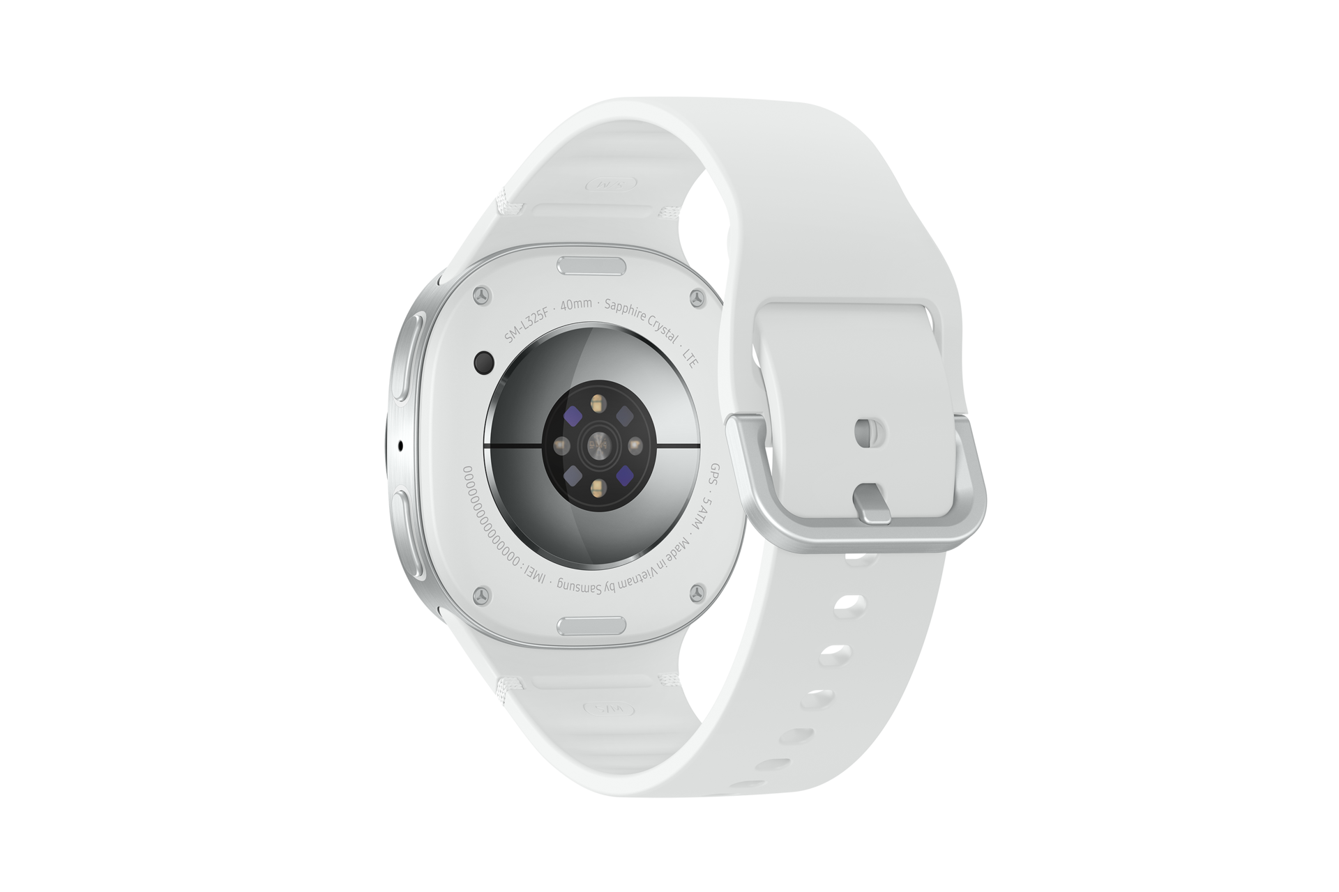 The image displays the rear view of the Samsung Galaxy Watch8, featuring a sleek white silicone strap. The circular sensor module highlights multiple sensors, including a heart rate monitor, along with engraved product information such as L325fzsaxsp.
