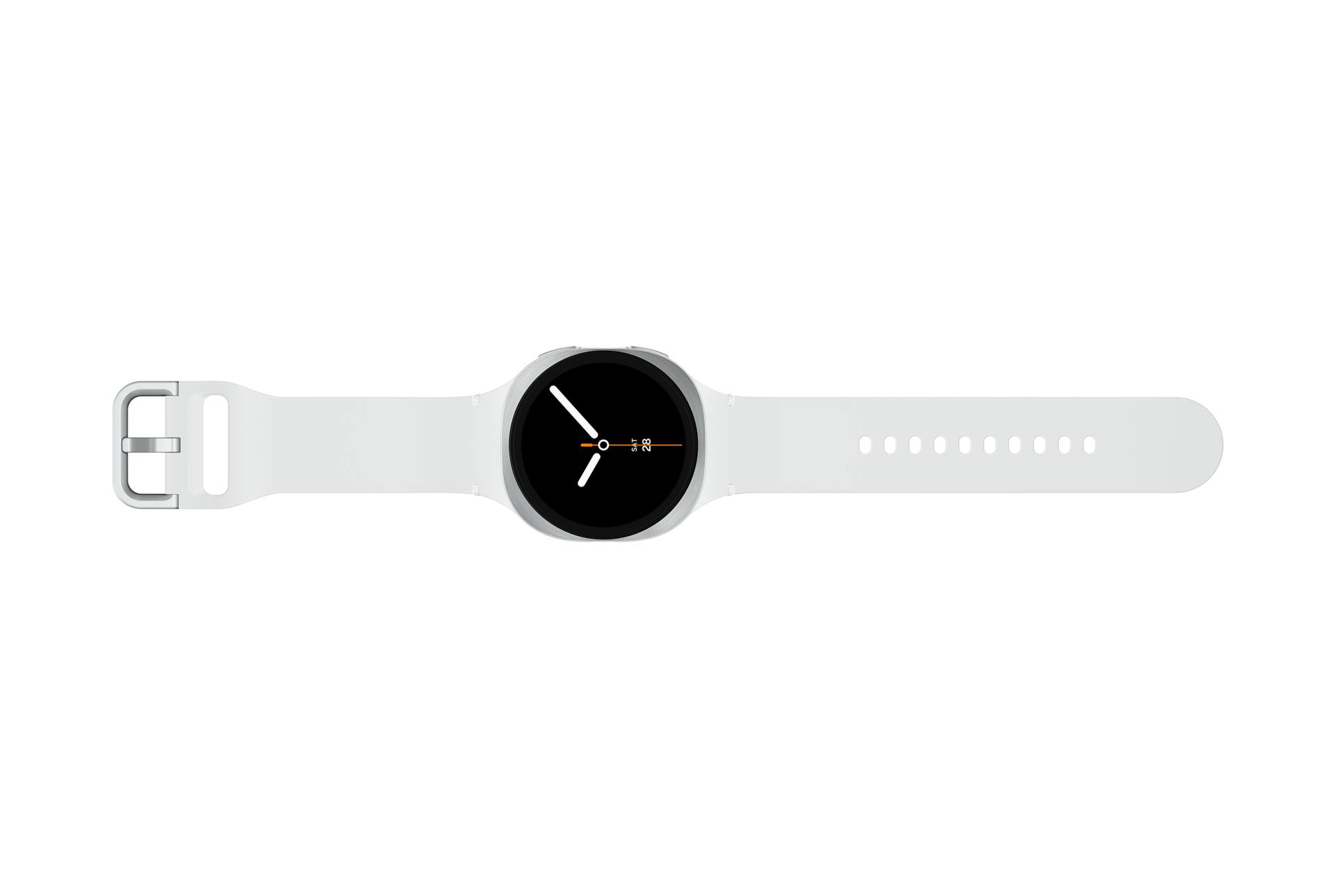 This sleek Samsung Galaxy Watch features a modern black circular face with white hour and minute hands, currently displaying the time as 5:28. The minimalist Galaxy Watch8 design includes a white silicone strap and a silver metal buckle.