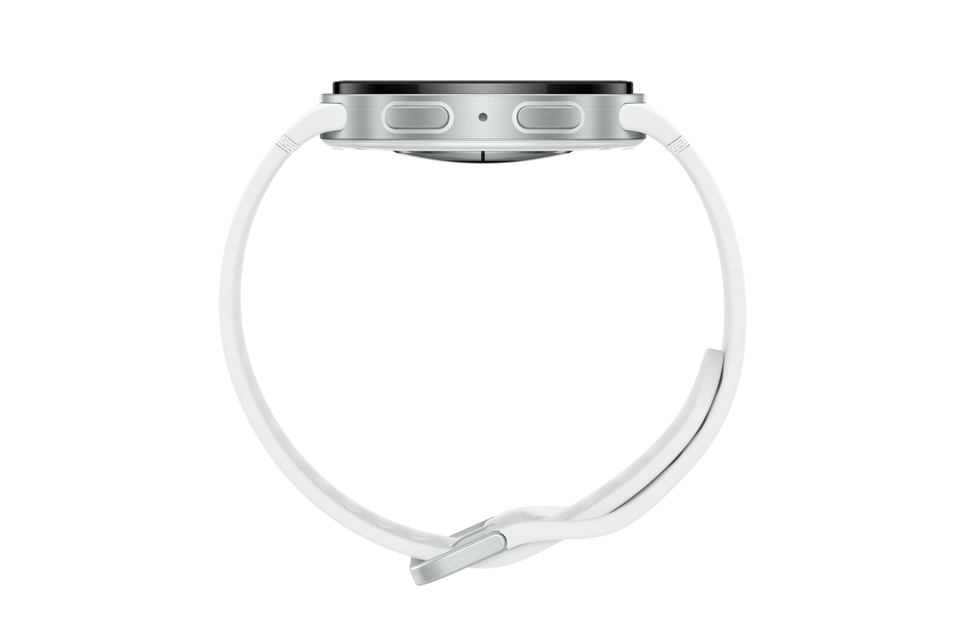 This image showcases a modern Samsung Galaxy Watch8, featuring a sleek silver case and a white silicone band. Displayed from the side, the watch highlights its minimalist design, functional buttons, and overall elegance.