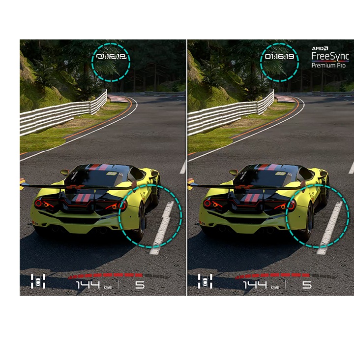 The benefit of AMD FreeSync Premium Pro is explained with the tearing picture on the screen when the feature is off.