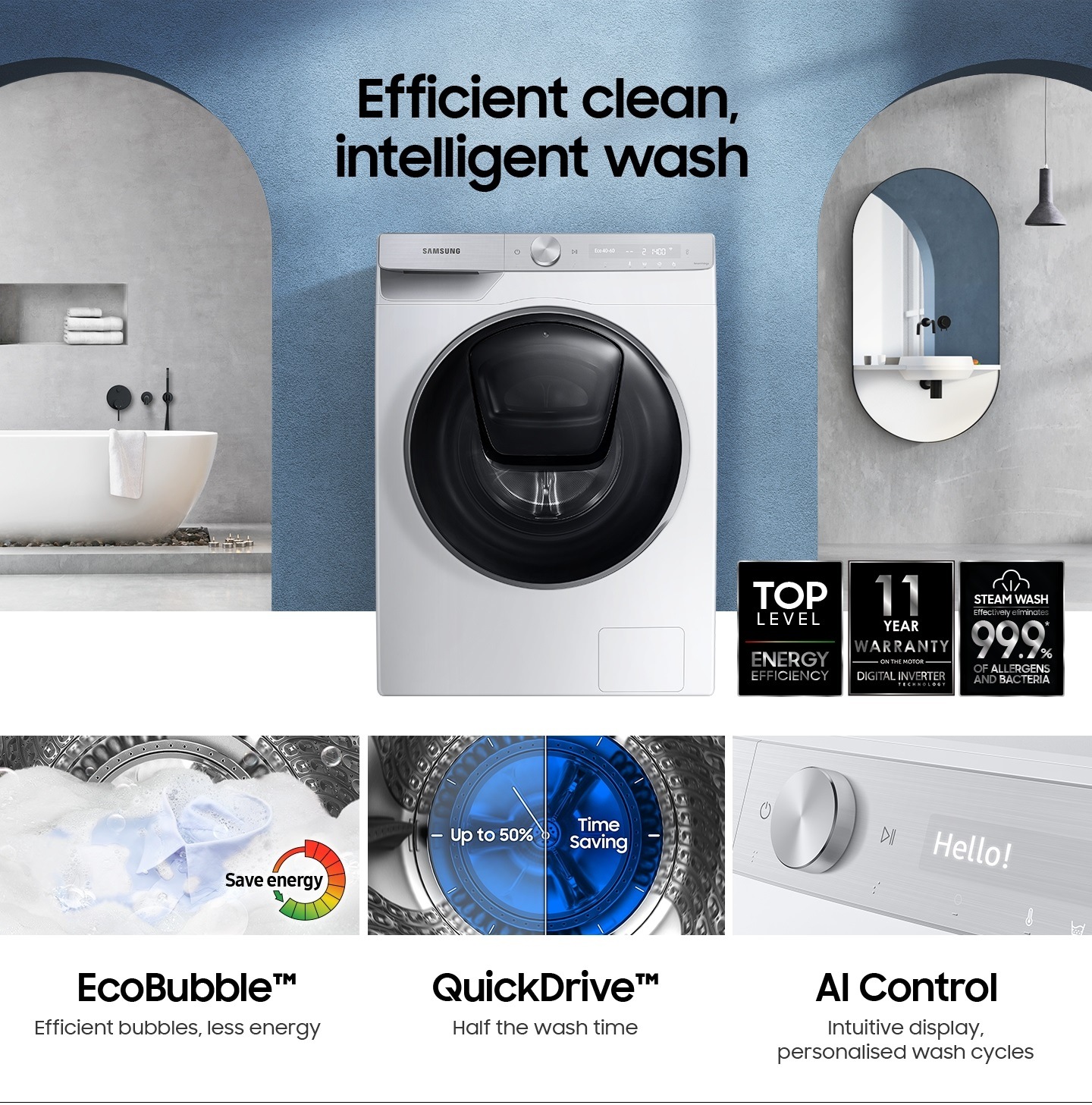WW7500T is germ-free, and 11-year warranty with EcoBubble, QuickDrive, and AI Control functions.