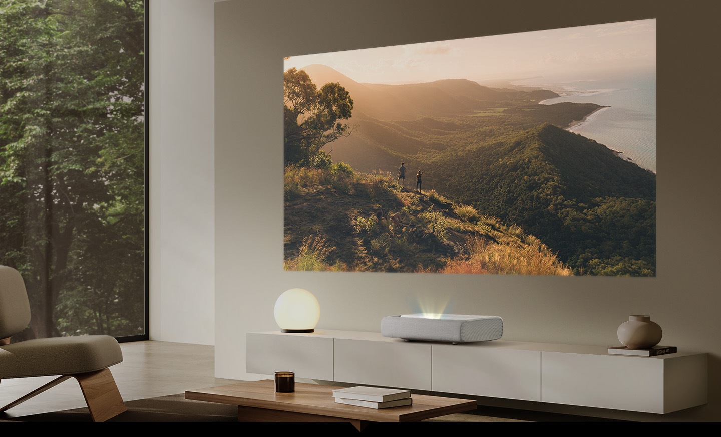 Samsung The Premiere is showing a movie on 130 inch projector screen like home movie theater in the living room.