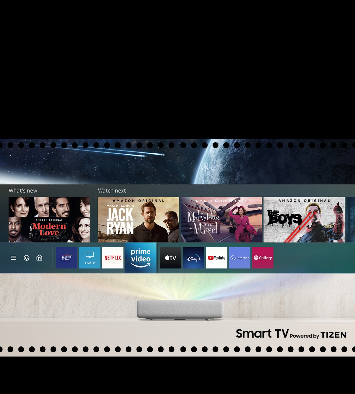 During use The Premiere, a man is considering what to see among the various contents like Samsung Smart TV recommended.