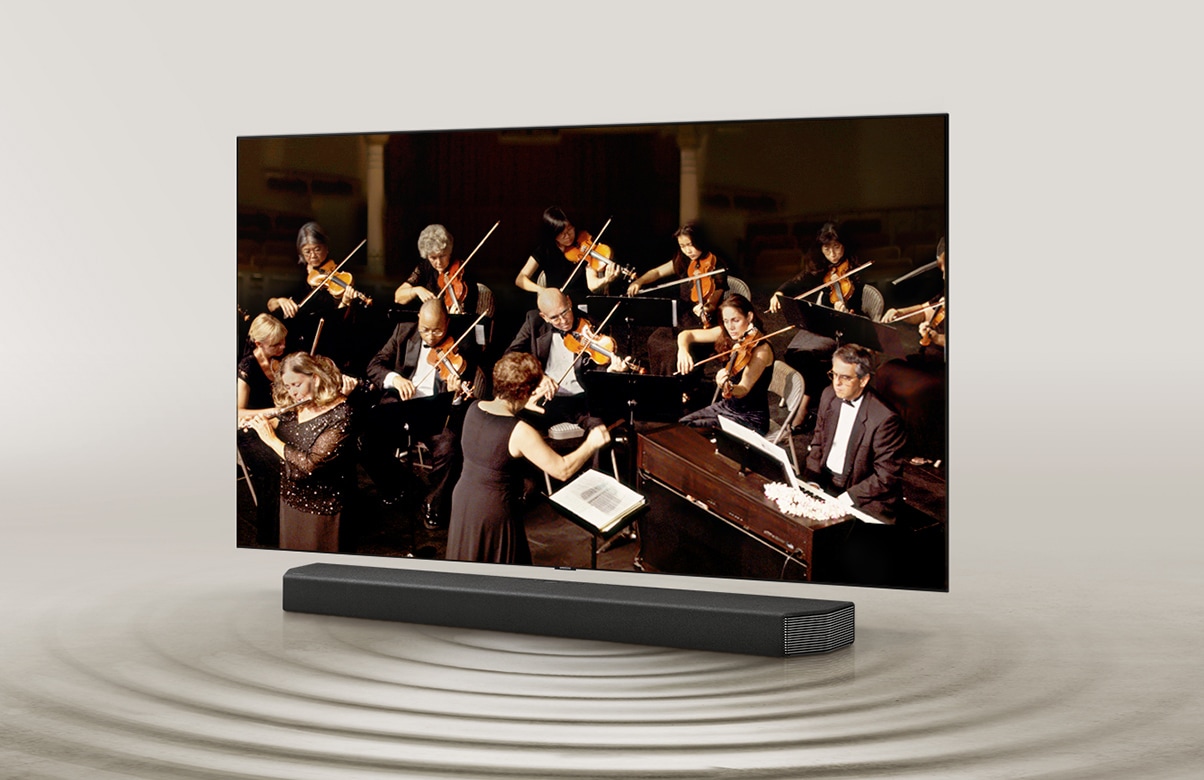Sound wave graphics from only soundbar demonstrate conventional sound experience.