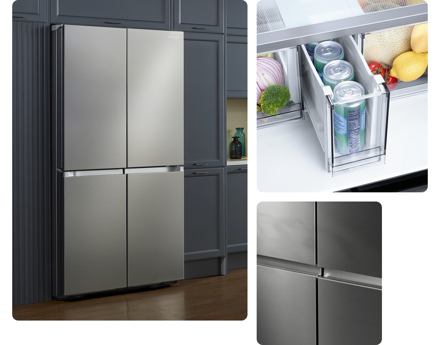 The sleek exterior of the fridge gives a clean look to the modern kitchen, with a flat finish and no recessed handles.