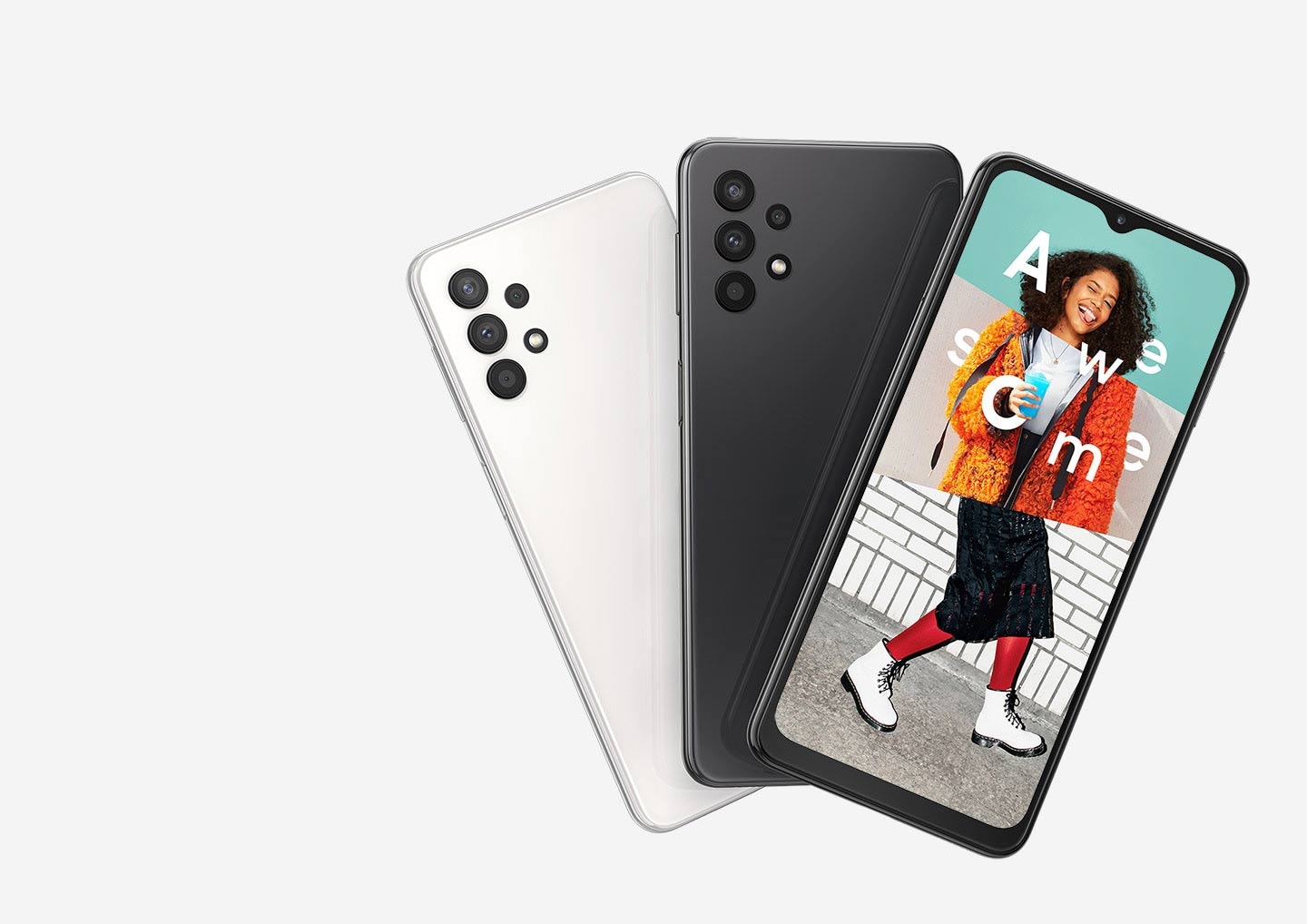 Galaxy A32 5G Key visual comes out in three devices with its official logo on the side. On the screen, an excited young woman is starring at the camera, surrounding the text of `Awesome` on herself.