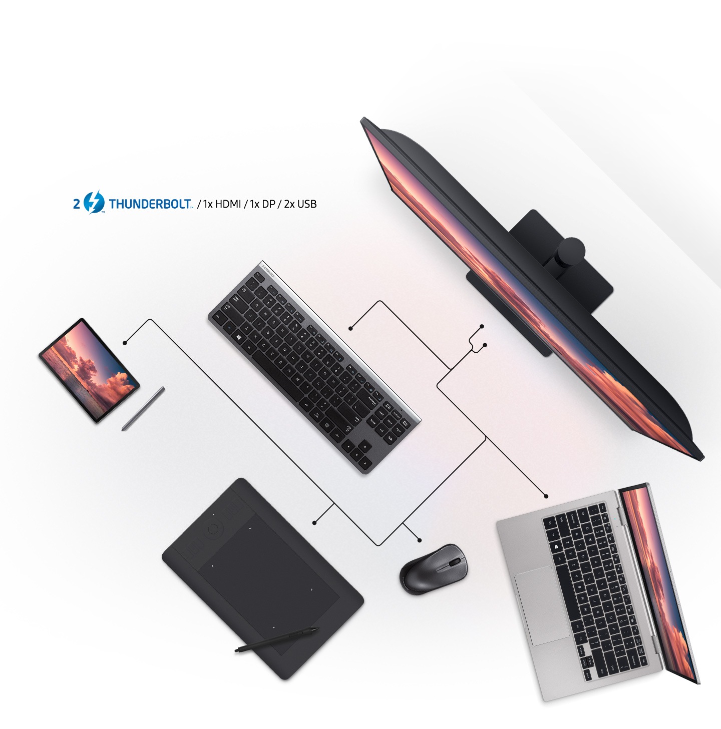 The image shows that the product can be connected to various devices with thunderbolts.