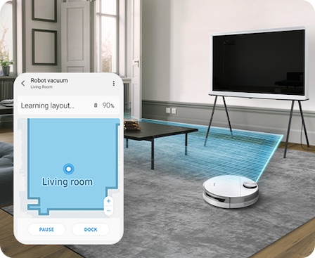 JetBot 80+ usa su sensor LiDAR para aprender el diseño de una elegante sala de estar antes de limpiarla.