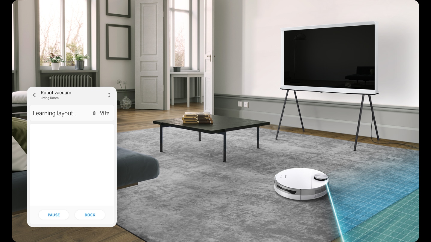 El sensor LiDAR de JetBot + escanea 360 grados de izquierda a derecha para aprender el diseño de una elegante sala de estar antes de limpiarla.