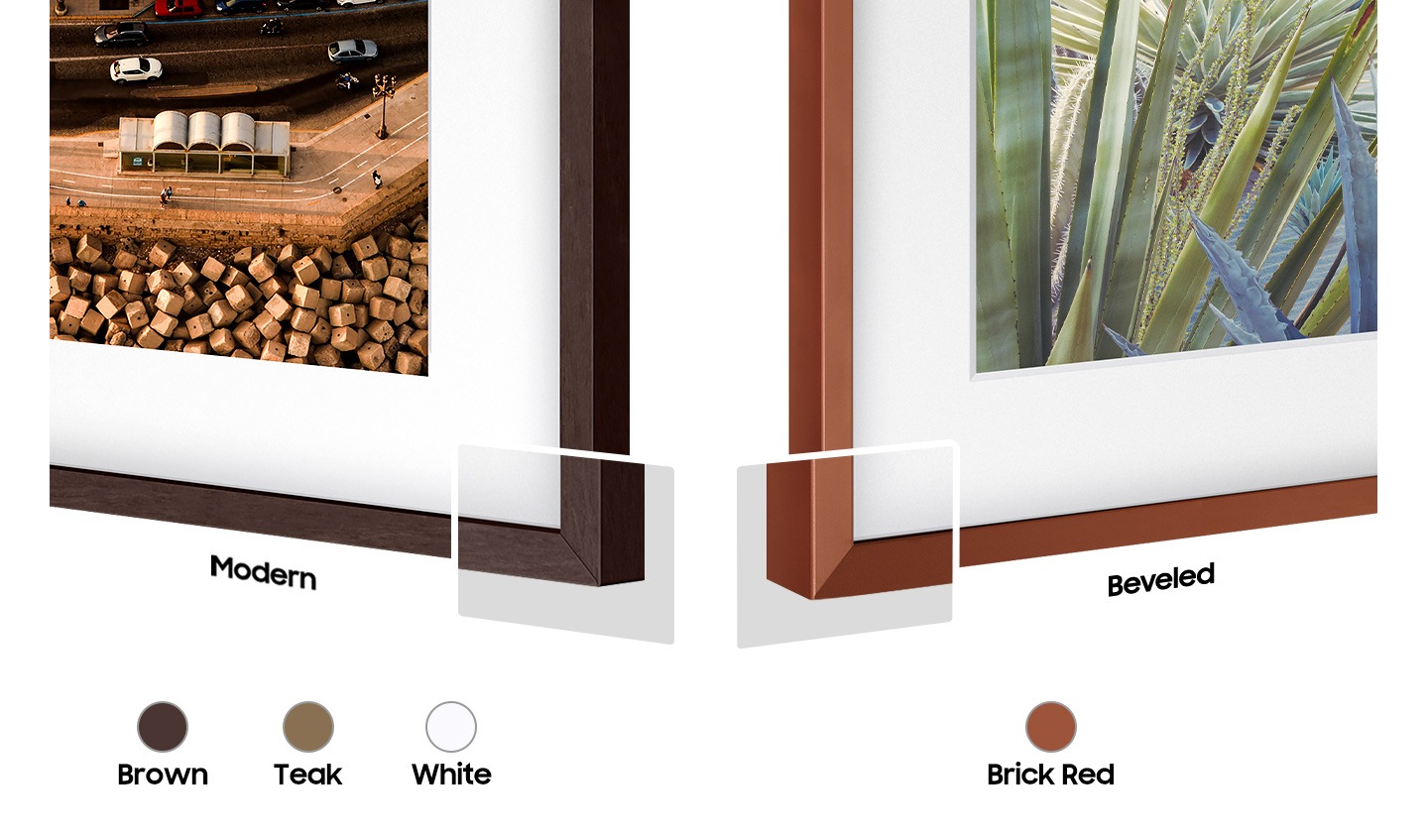 Two bezel types, Modern and Beveled, sit side-by-side to offer users a choice of contemporary or authentic frame style. Colour chips for Brown, Teak, White and Brick Red are shown.