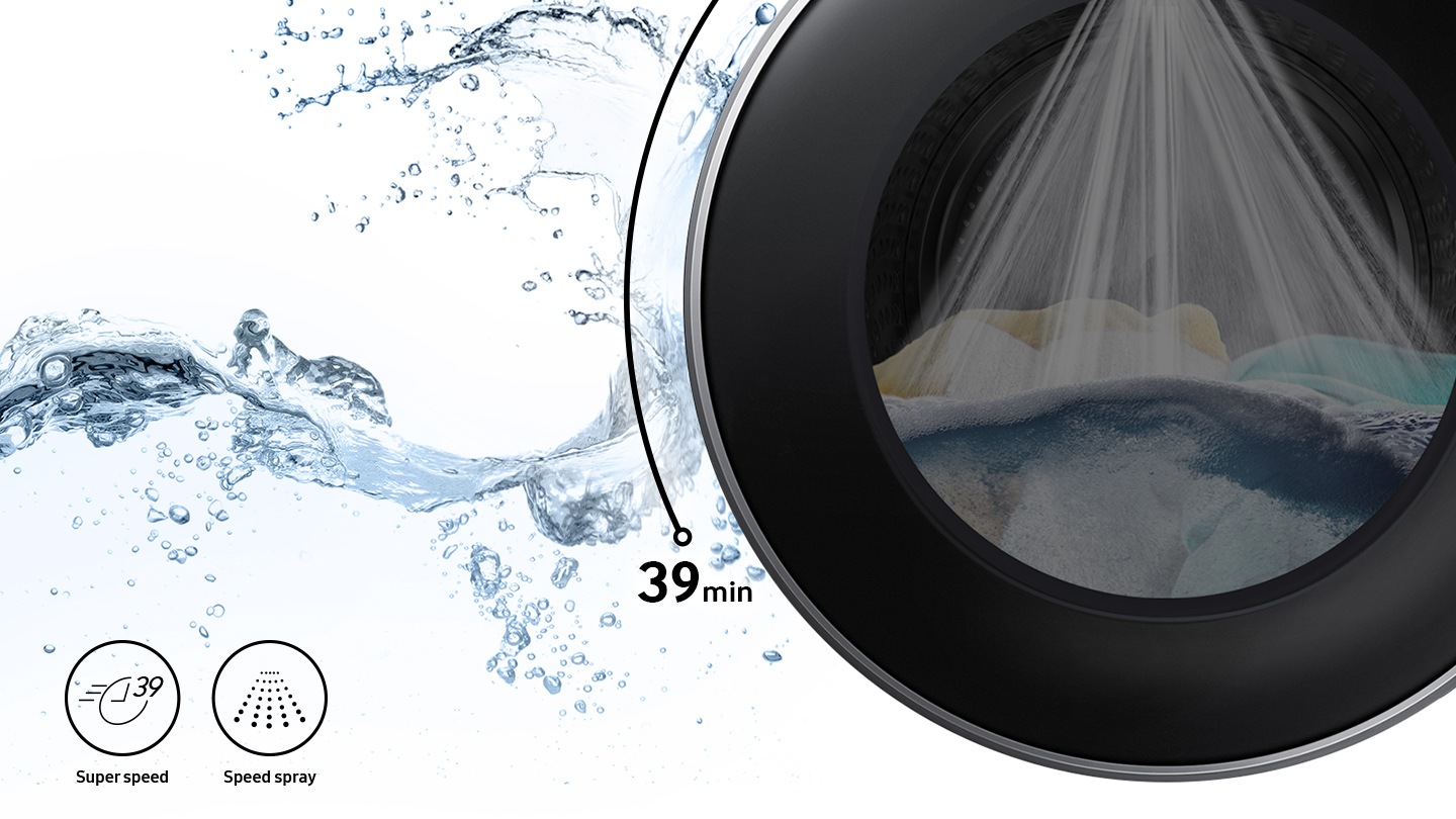 Buy WD12TP44DSX/SP QuickDrive™, 12Kg, Washer Dryer, 4 Ticks now . Laundry filled washer drum seen submerged in water