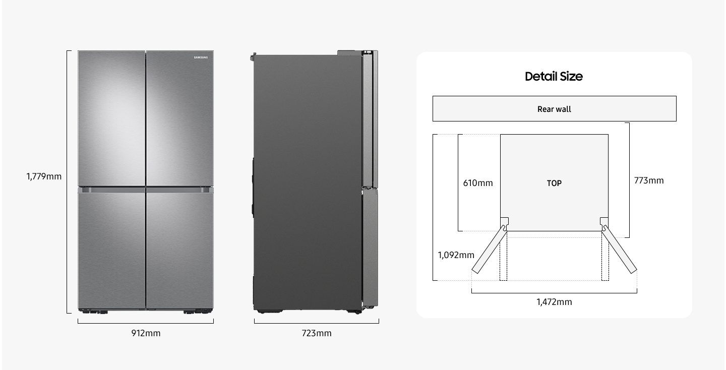 Size measurements: Height 1,779mm, width 908mm, depth 723mm, depth with doors open at a right angle 1,092mm, depth without doors 610mm, install depth 773mm, width with doors open 1,472mm.