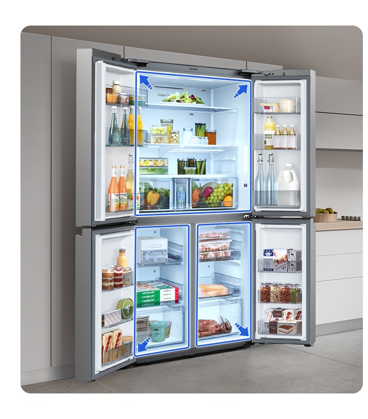 The fridge's 4 wide open doors demonstrate the large capacity and efficiently organized layout for easier use.
