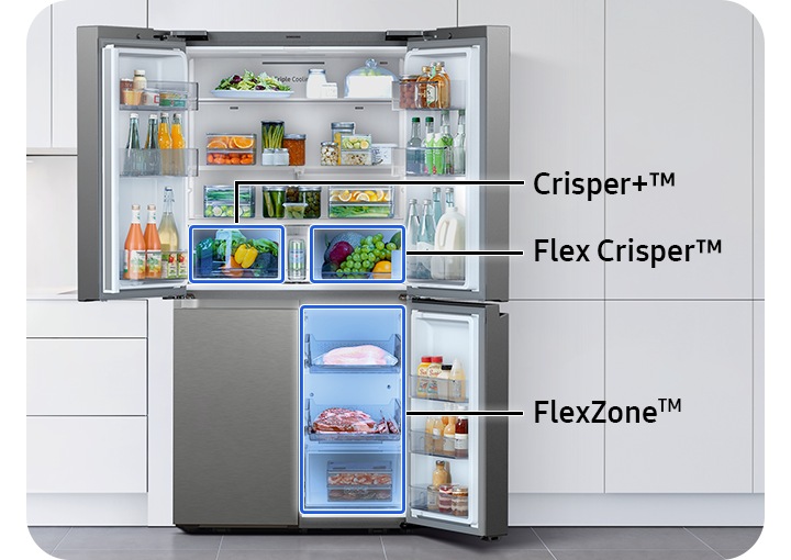 The refrigerator’s three doors are open to display the different compartments of the fridge. The Crisper+ drawer is in the upper left, while Flex Crisper is in the upper right of the fridge. On the bottom right of the fridge is the Cool Select+.
