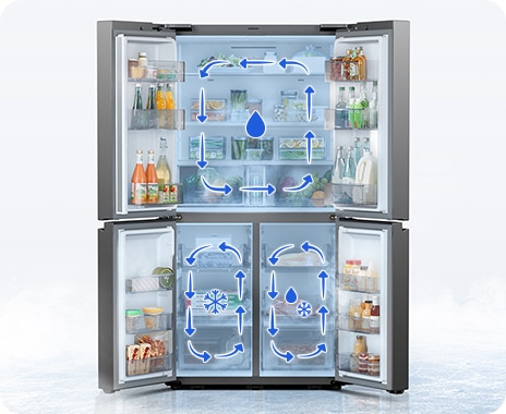 The refrigerator’s four doors are wide open to display the different compartments of the fridge. The upper part is a fridge, while the bottom is divided into two sections. The bottom left side is a freezer, while the right side can be used flexibly as a fridge or freezer.