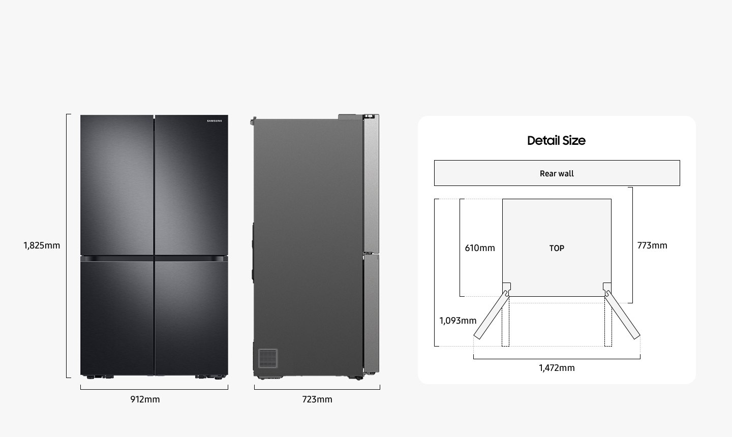 Size measurements: Height 1,825mm, width 912mm, depth 723mm, depth with doors open at a right angle 1,093mm, depth without doors 610mm, install depth 773mm, width with doors open 1,472mm.