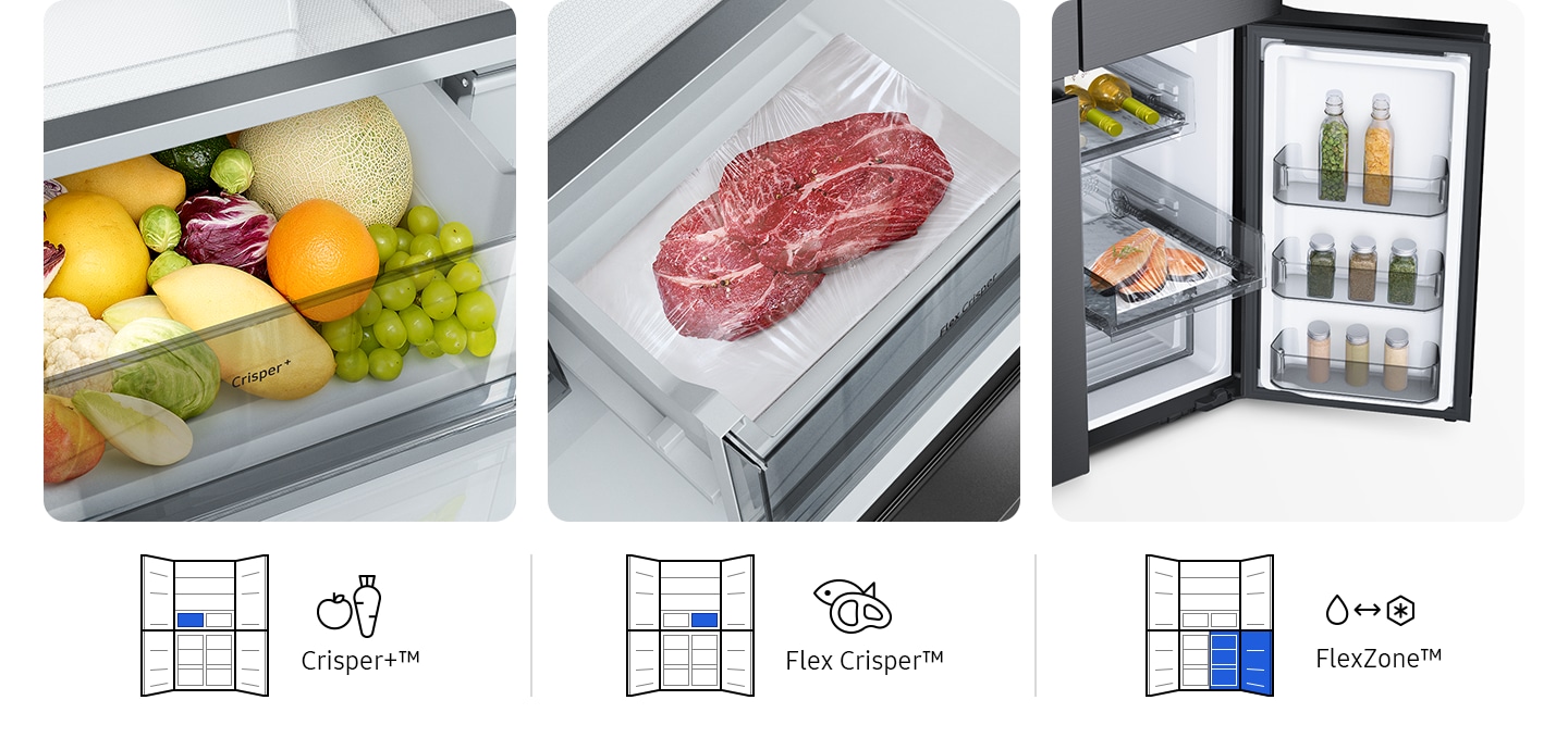 The Crisper+ drawer, in the upper left part of the fridge, is filled with different fruits, while Flex Crisper, in the upper right, is holding two seasoned steak. On the bottom right of the fridge is the Cool Select+, which has three pieces of salmon.