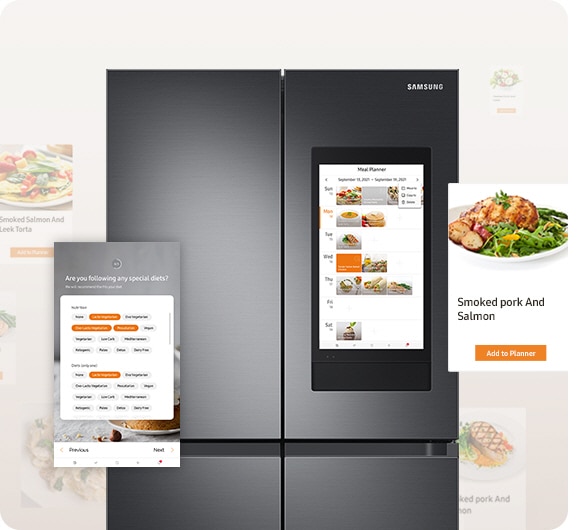 Multiple recipe choices are on the fridge screen. Various food categories and one recipe are shown close-up.