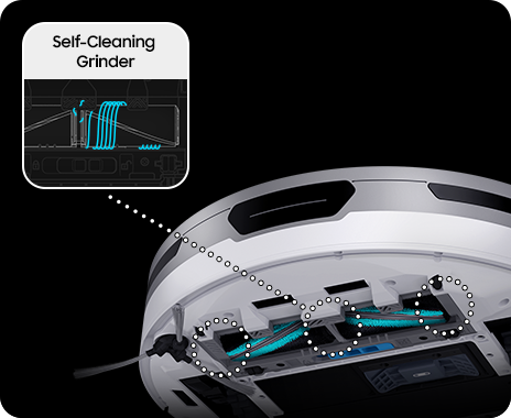 A bottom of JetBot shows self-cleaning brush and a close-up of its extractors shows cutting hairs finely to avoid tangles.
