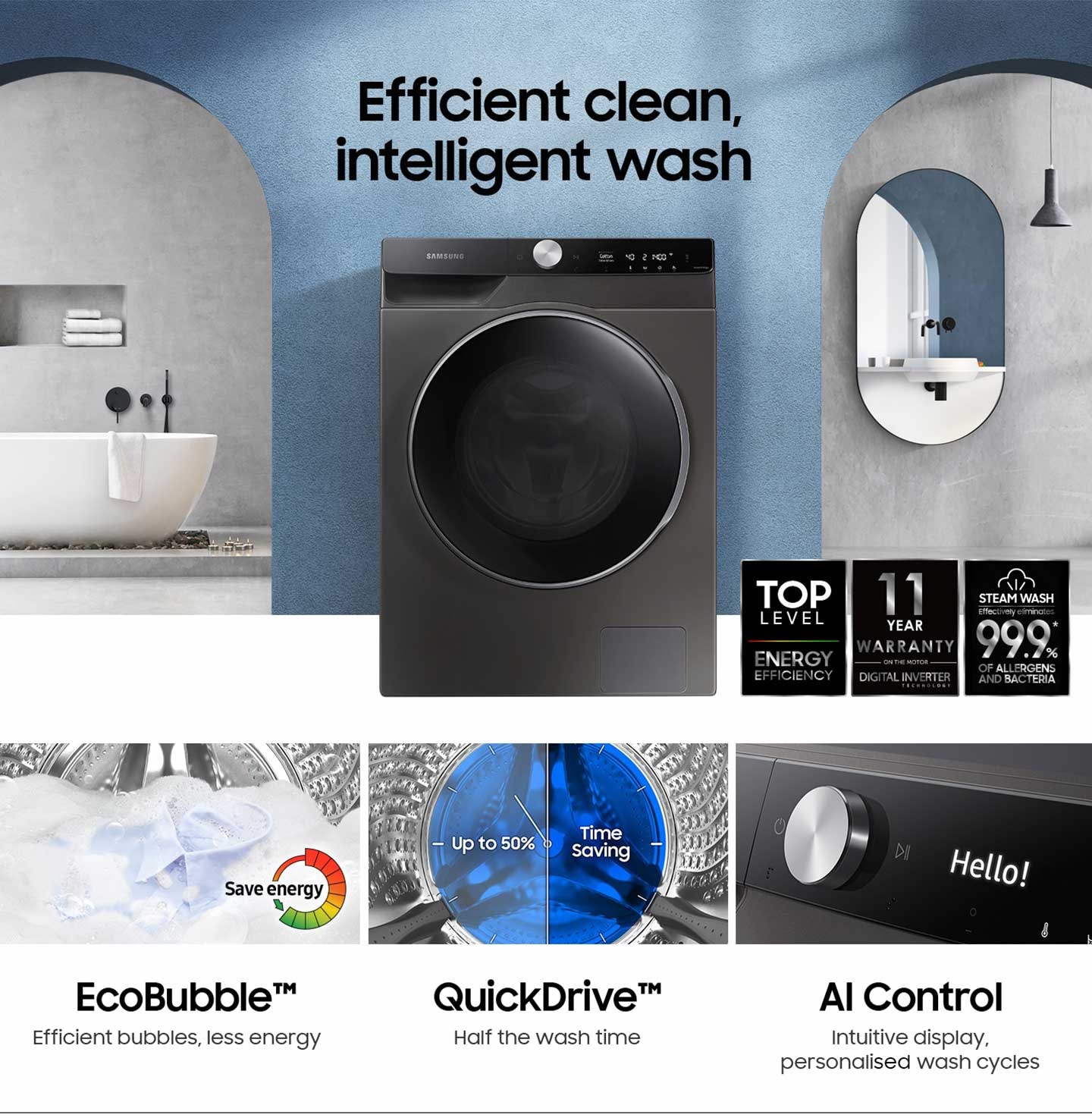  WW7400T features efficient clean, intelligent wash. It has Top level of energy efficiency, 10 year warranty on the DIT motor and effectively eliminates 99.9% of allergens and bacteria with steam wash. Eco Bubble saves energy as create bubble efficiently with less energy. Quick Drive is Time saving function which half the wash time up to 50%. AI control intuitively displays and personalizes wash cycles.