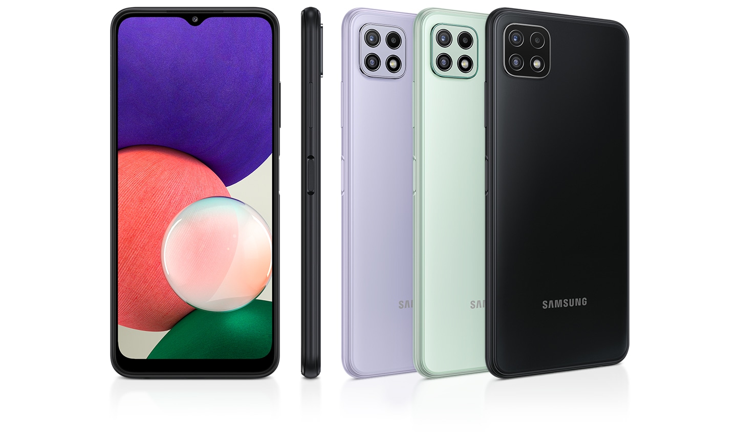 Four a22 6g smartphones in gray, white, mint, and violet, along with a profile and front view highlighting the premium gloss finish.