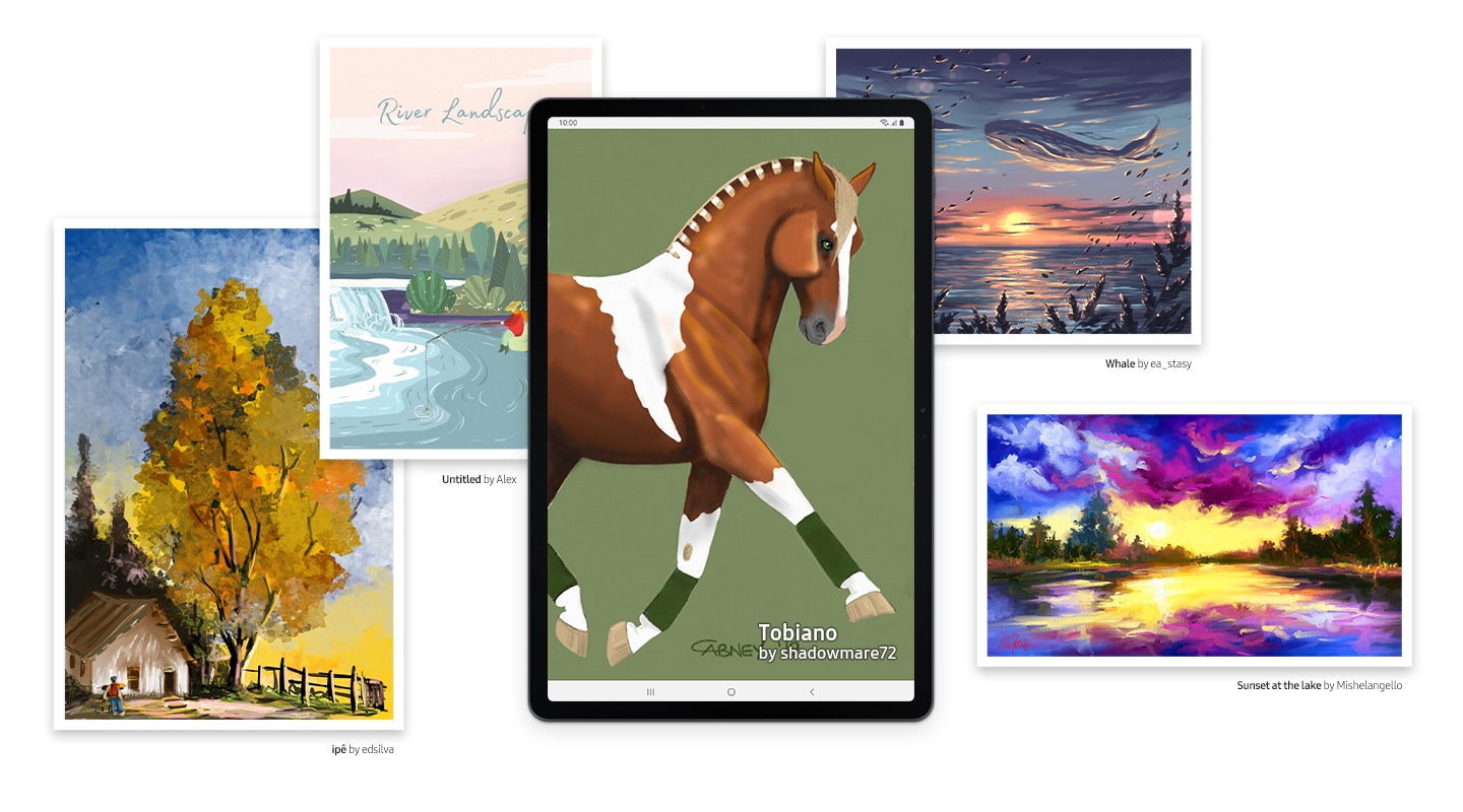'Galaxy Tab S7 FE seen from the front with a drawing of a horse onscreen, made by a PENUP artist. On either side of the tablet are other drawings from PENUP artists, including a tree with yellow foliage, a river landscape with trees and hillsides, a moody ocean view with clouds shaped like whales over the water and a sunset over a body of water, with a purple sky lit up against a yellow setting sun. All these together show the range of masterpieces that you can create on the tablet with S Pen.
