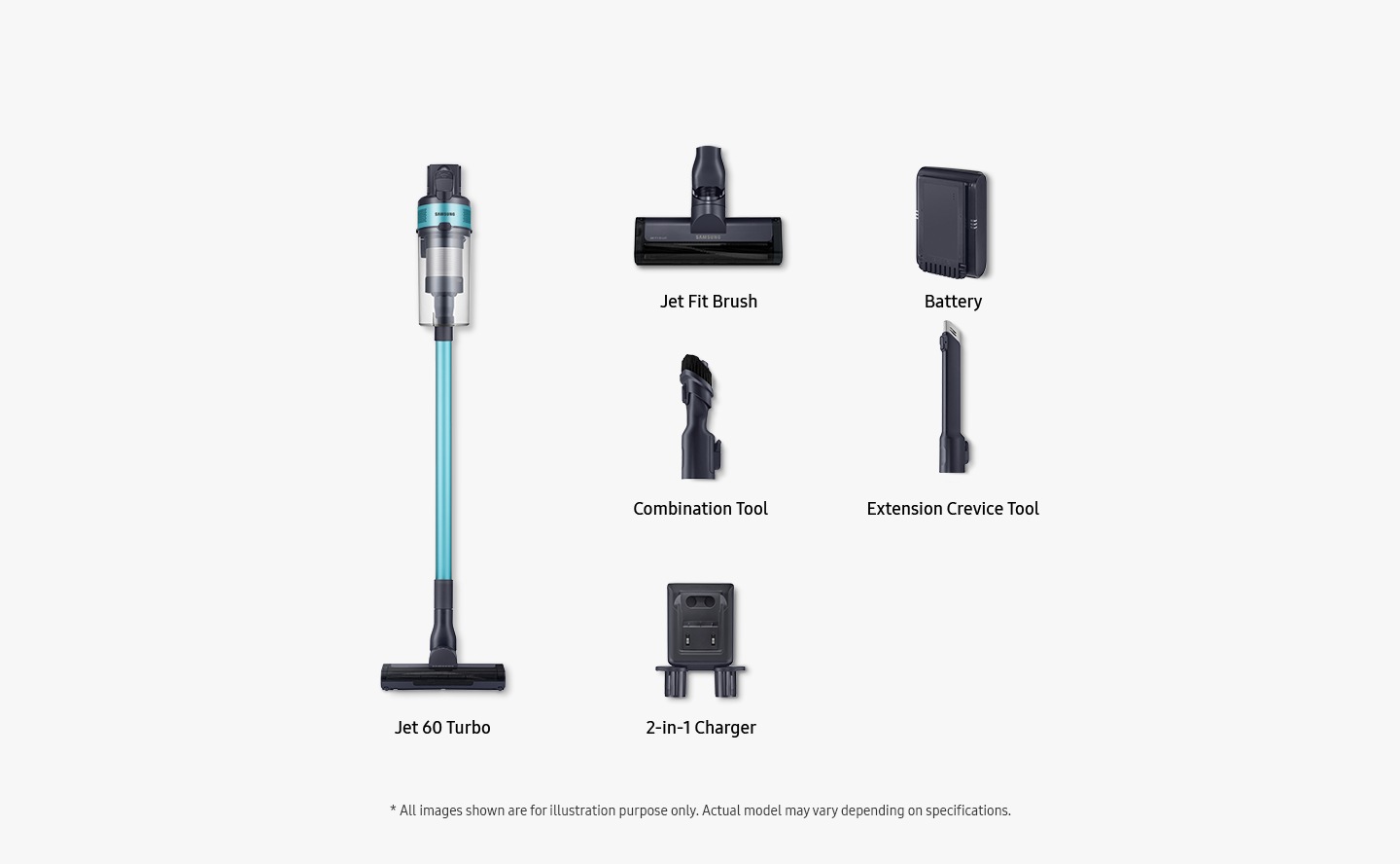 Items included inbox shown: Jet 60 Turbo, jet fit brush, battery, combination tool, extension crevice tool and 2-in-1 charger.All images shown are for illustration purpose only. Actual model may vary depending on specifications.