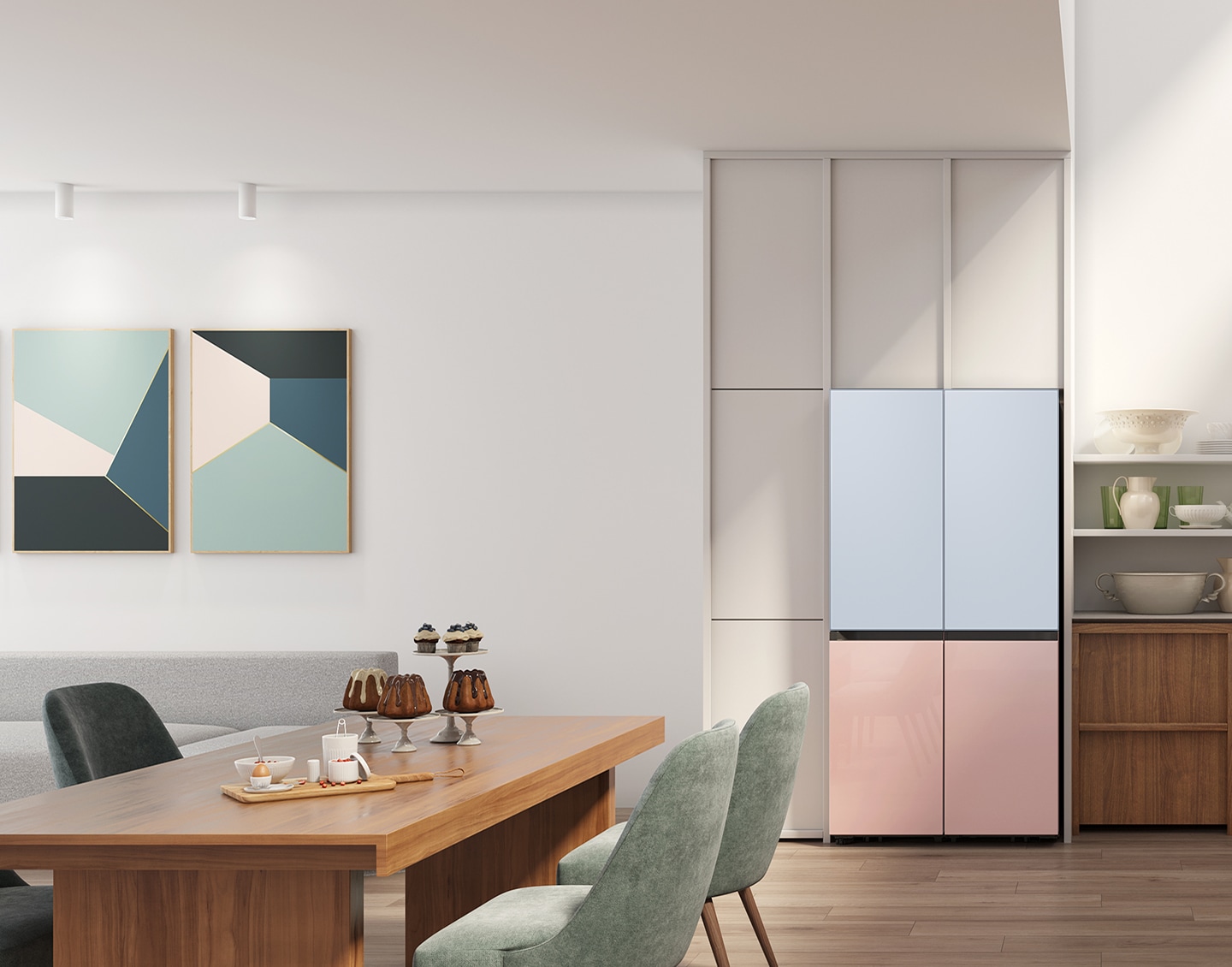 The sleek exterior of the fridge gives a clean look to the modern kitchen, with a flat finish and no recessed handles.