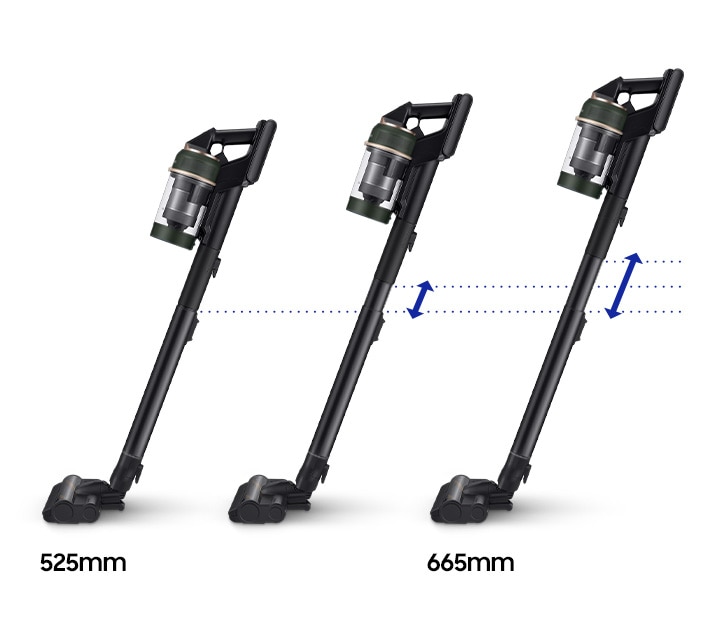 3 black Bespoke JETs stand side-by-side at different height adjustments. Arrows indicate it can be set between 525 and 665mm.