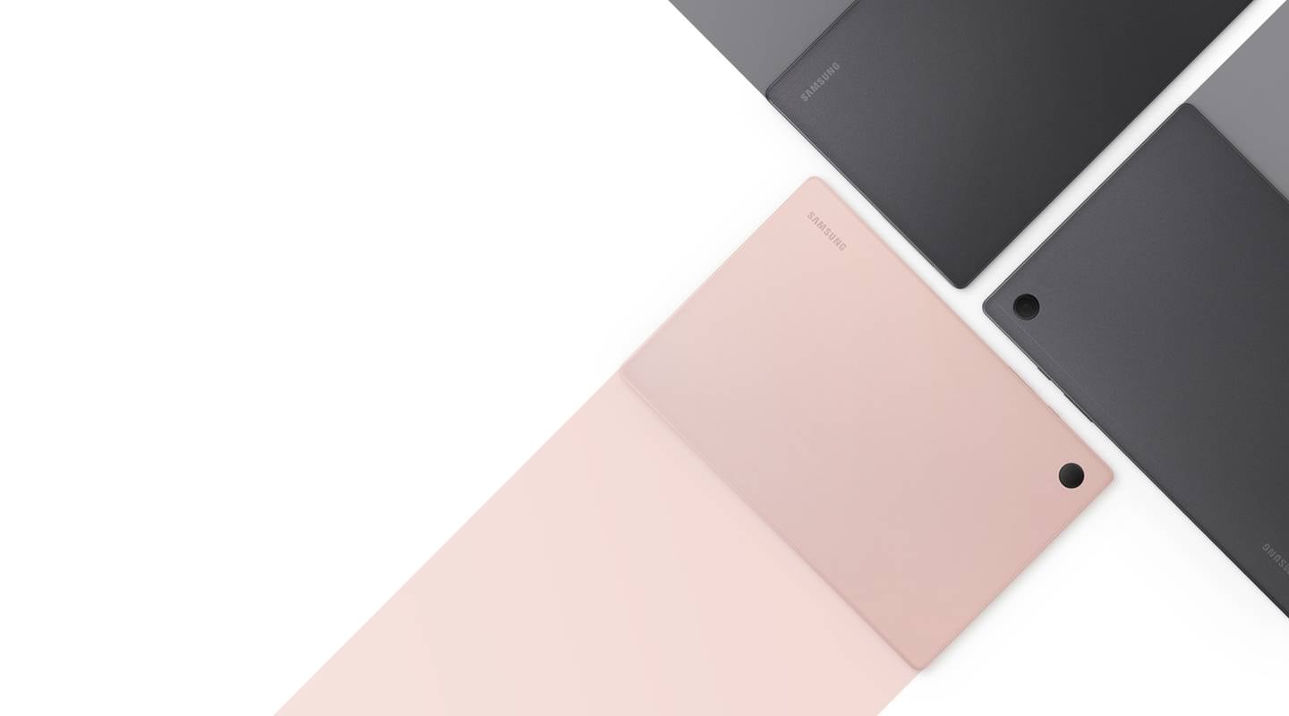 Three Galaxy Tab A8 devices in Gray and Pink Gold are shown placed side by side.