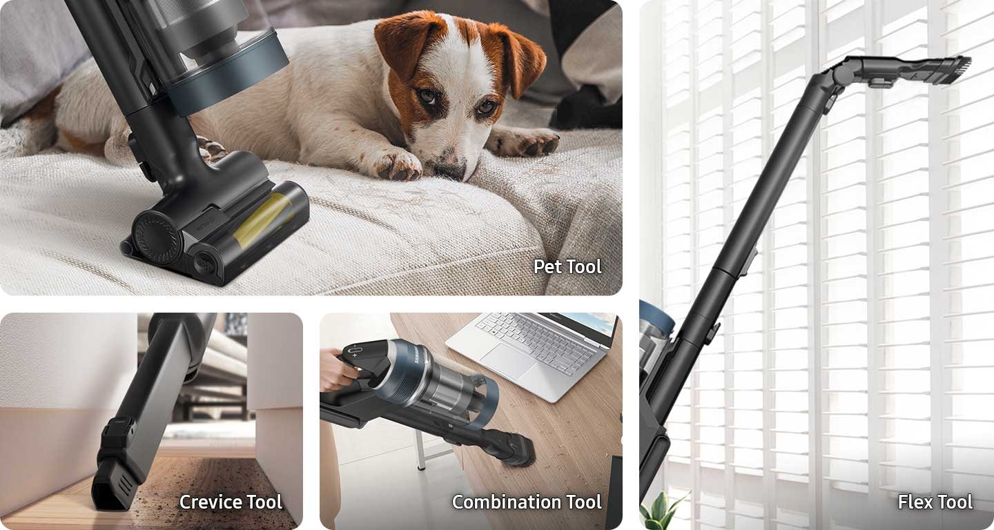 4 Bespoke JET with different tools are in different locations. One with the pet tool, which is optional, cleans a sofa as a dog sits next to it. One with the combination tool cleans dirt on a desk near a laptop. One with the crevice tool cleans a narrow space. And One with the flex tool cleans a high window sill.