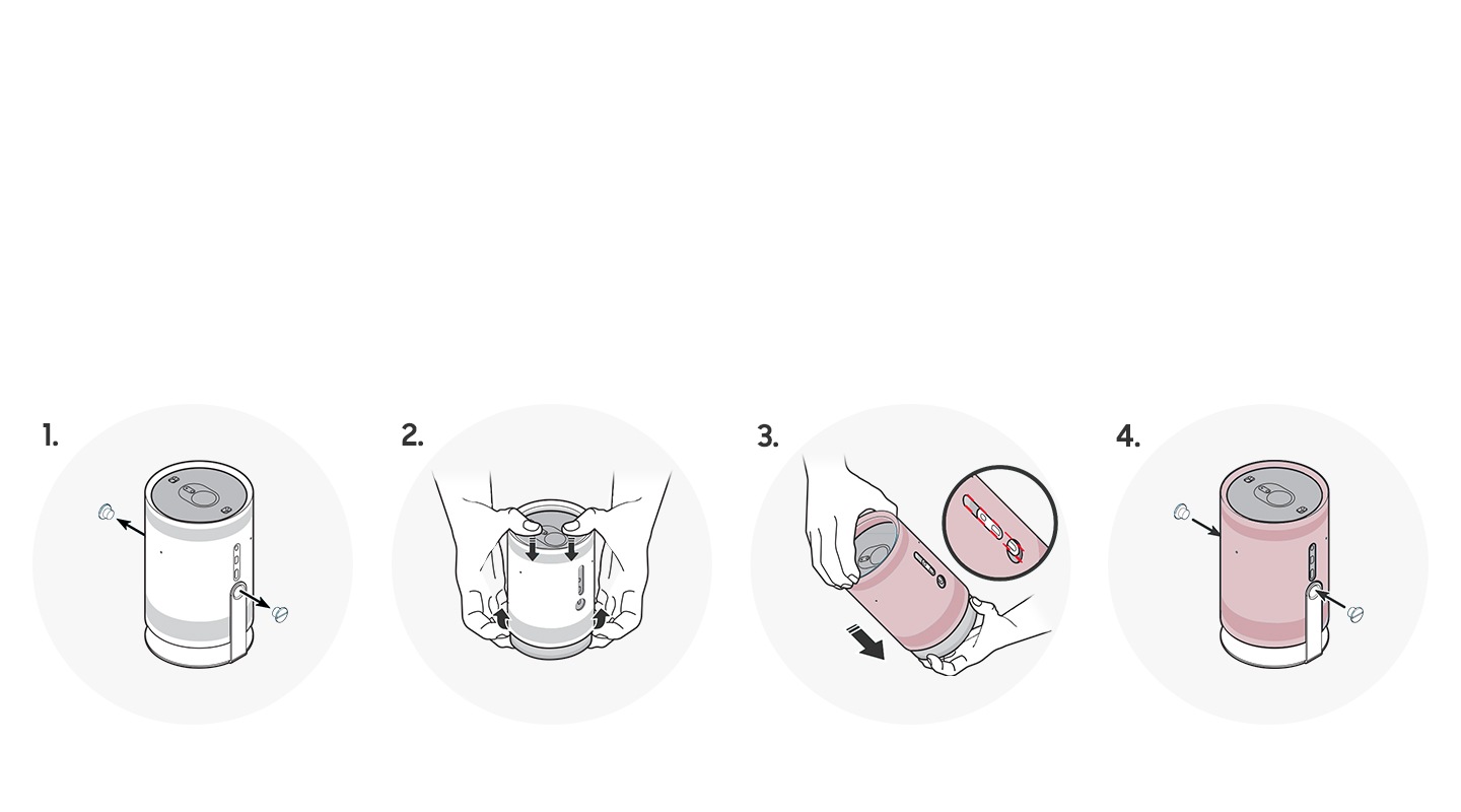 The 4 steps to change The Freestyle Skin is on display. First, undo the screws on both sides of The Freestyle. Second, take off the white-colored skin. Then, replace with a different colored skin. Lastly, the screw is adjusted back in.