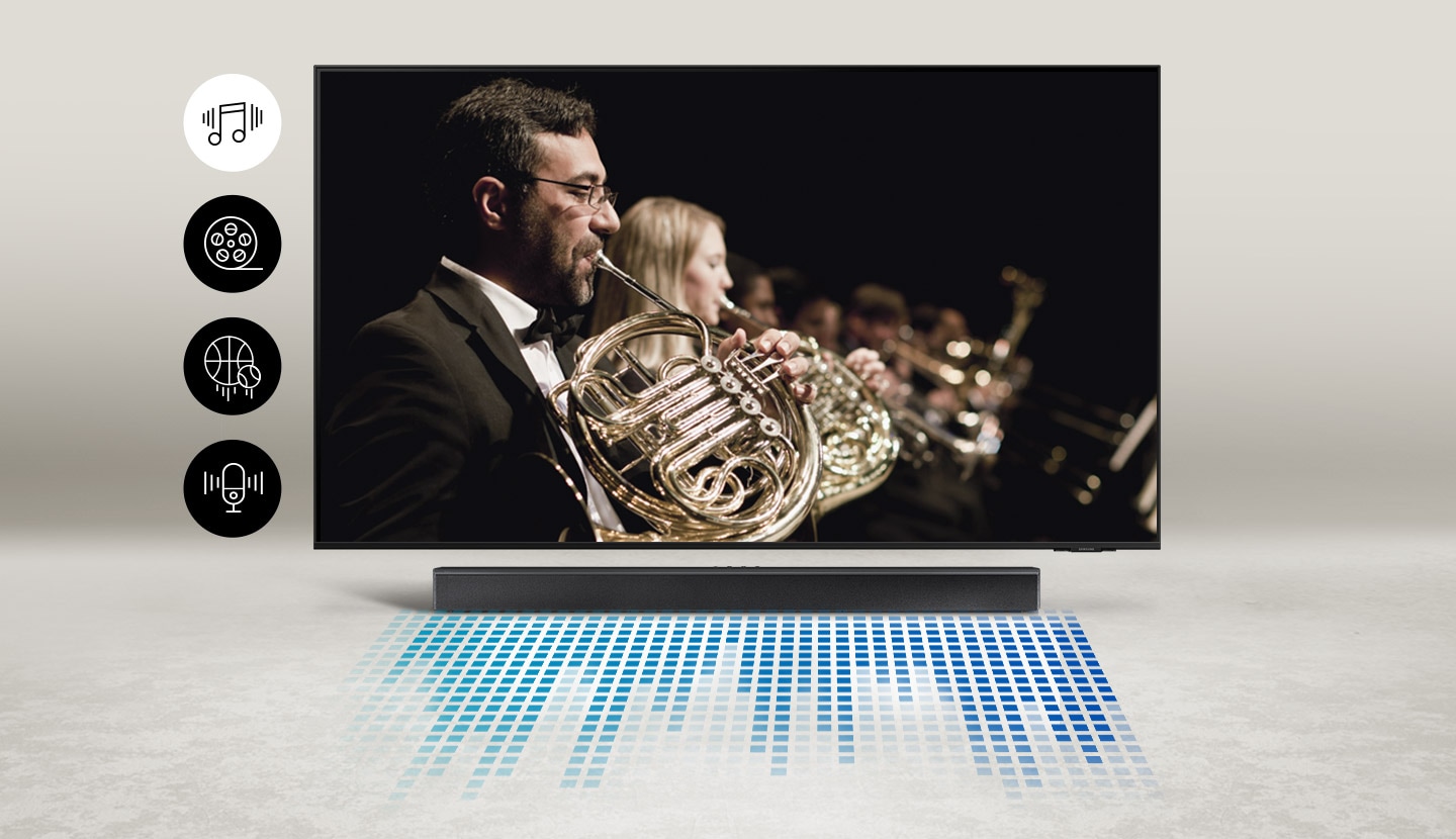 ТБ показує оркестр, а звукова панель показує його звукові хвилі.  Музика, кіно, автоспорт та значок новин можна побачити ліворуч.