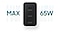 There is a close-up of the charger’s back, with three ports: two USB C, one with the words Max 65W underneath, and another with the words Max 25W, and one USB A-port with the words Max 15W. The words Max 65W is in large blue and green font to the left and right of the adapter.