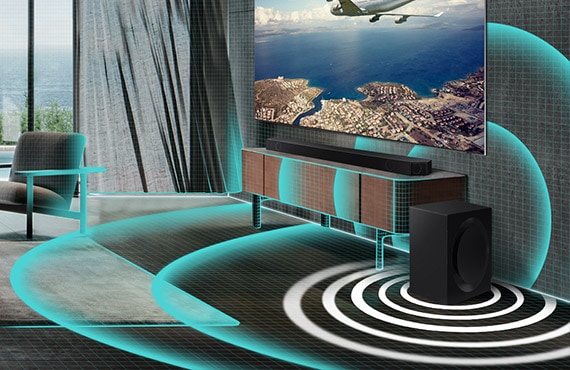 Closeup of soundbar and subwoofer in living room are shown. A grid graphic covers the living room and thickly drawn sound wave graphics are shown beneath the subwoofer to illustrate that Auto EQ is automatically filling the room with powerful bass.
