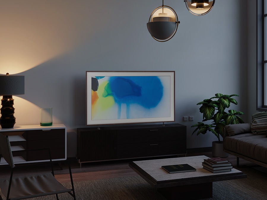 The Frame to the left side of the screen shows a bright artwork to reflect the bright surrounding. The Frame to the right side of the screen shows the same artwork in dimmer light adjusted to fit the darker surrounding. 
