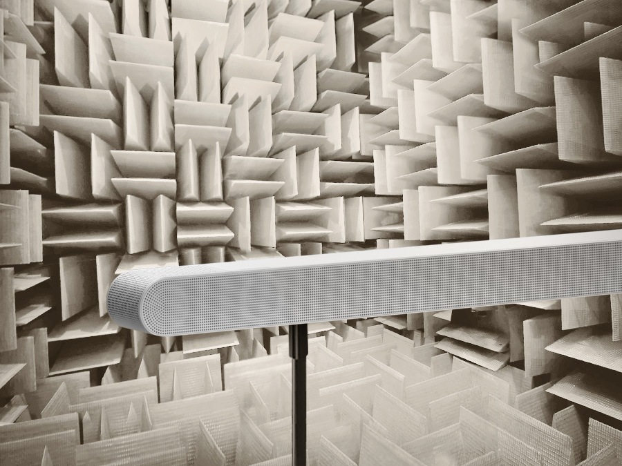 Samsung Soundbar seen from the rear in an anechoic chamber used to test each aspect of the soundbar.