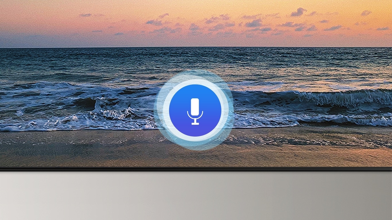 A microphone icon overlays an image, demonstrating voice assistant feature. The Bixby, Alexa built-in and the OK Google logos are on display on the bottom.