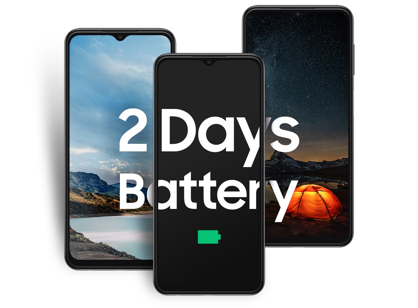 Samsung Galaxy A13 battery life, 2 Days Battery. The device is placed between two landscape images, showing the scenery of the coast during the day and the scenery of tents and mountains at night. 