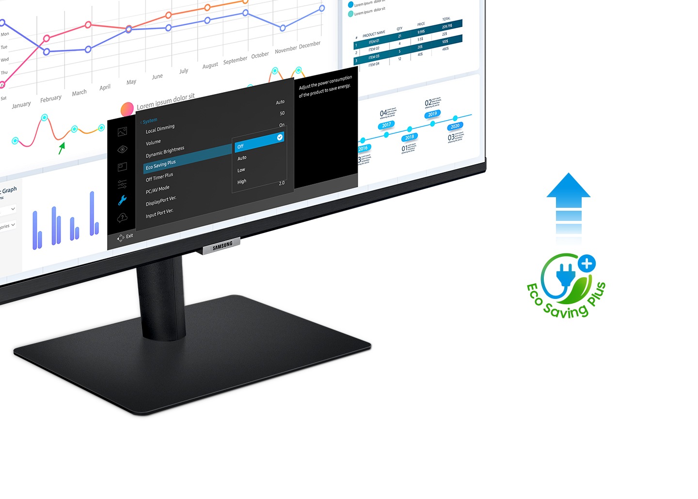 The monitor and its stand are shown tilted to the right. On the screen is a variety of graphs and in the bottom right corner of the screen is a small toolbar to demonstrate the Eco saving plus capabilities of the monitor.