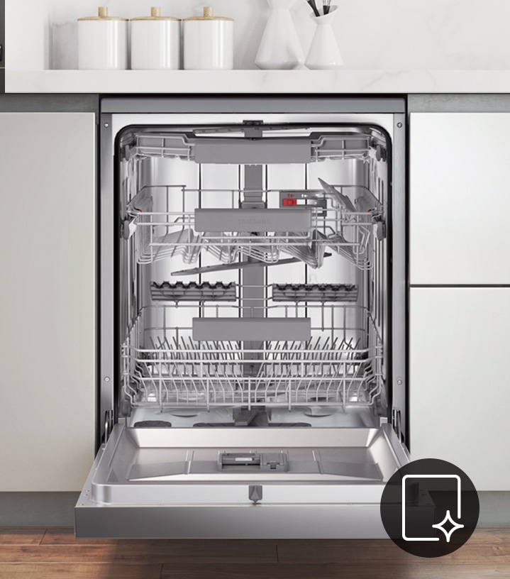 Shows the sparkling clean interior of the dishwasher after using the Self Clean function.